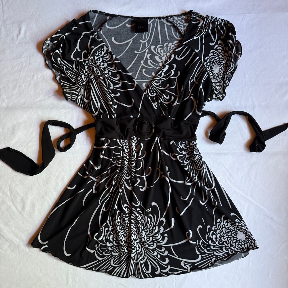 Y2K J.T.B. Black Floral Babydoll Wrap Top Sz M/L Going Out McBling Goth Vibe